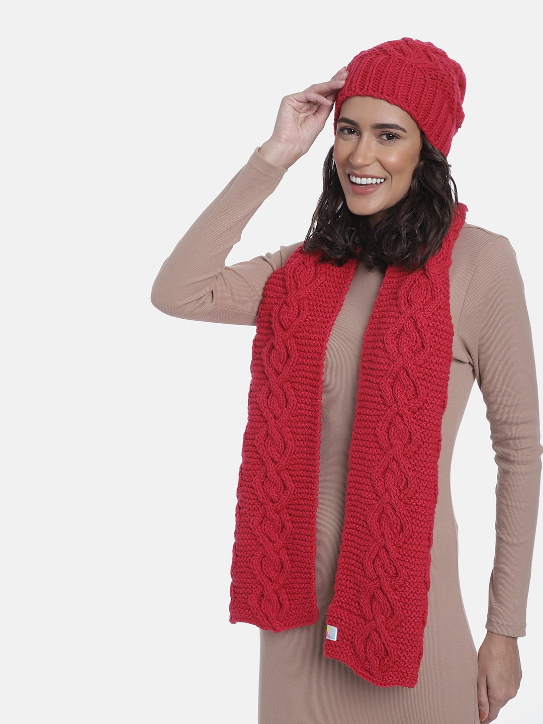 

Magic Needles Women Solid Acrylic Beanie with Scarf, Maroon