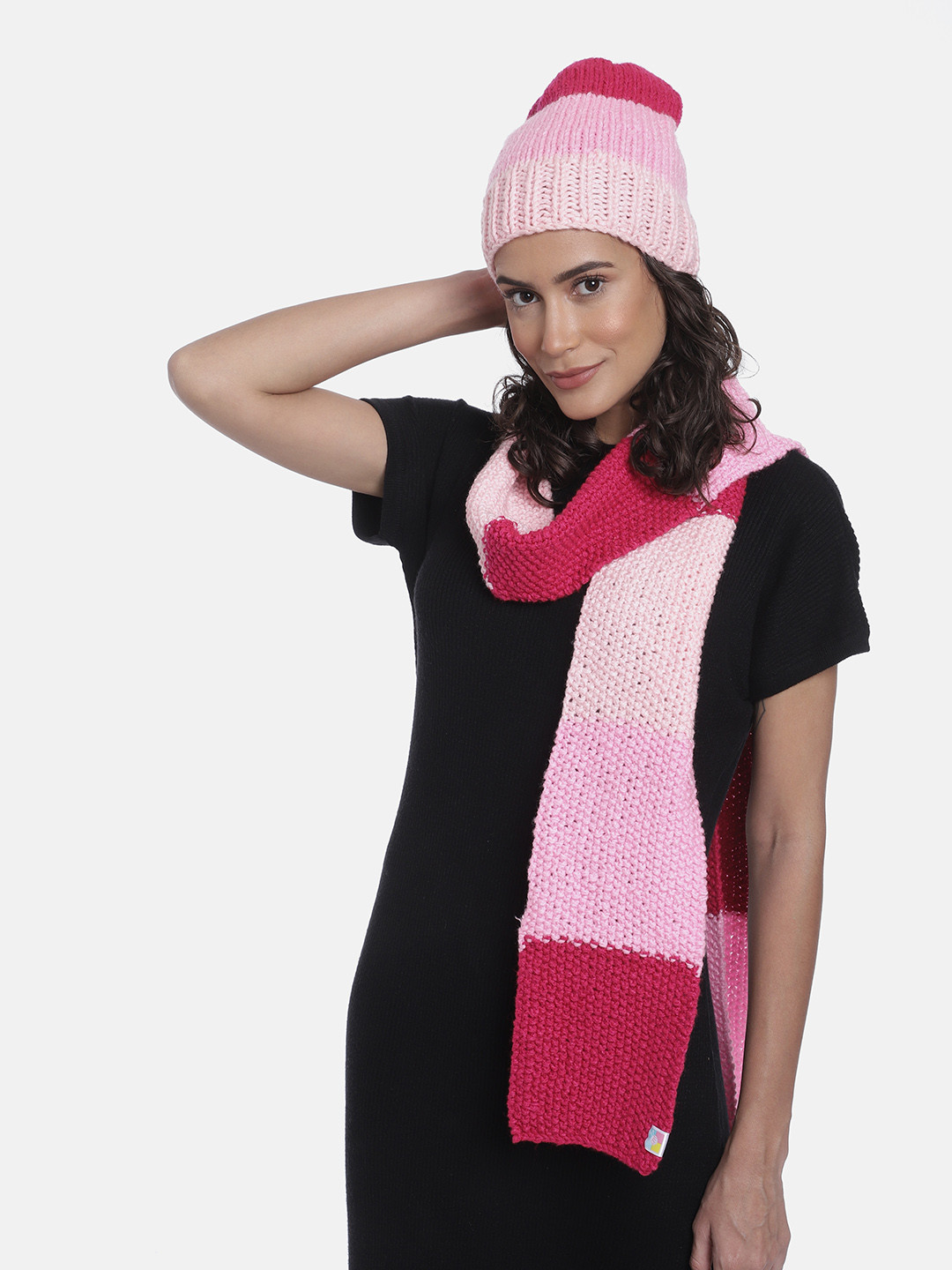 

Magic Needles Women Colourblocked Acrylic Beanie with Scarf, Pink
