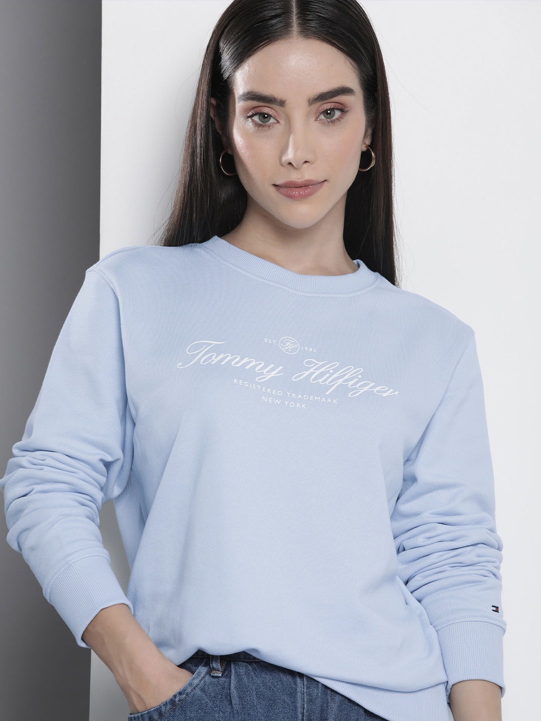 

Tommy Hilfiger Brand Logo Printed Pure Cotton Sweatshirt, Blue