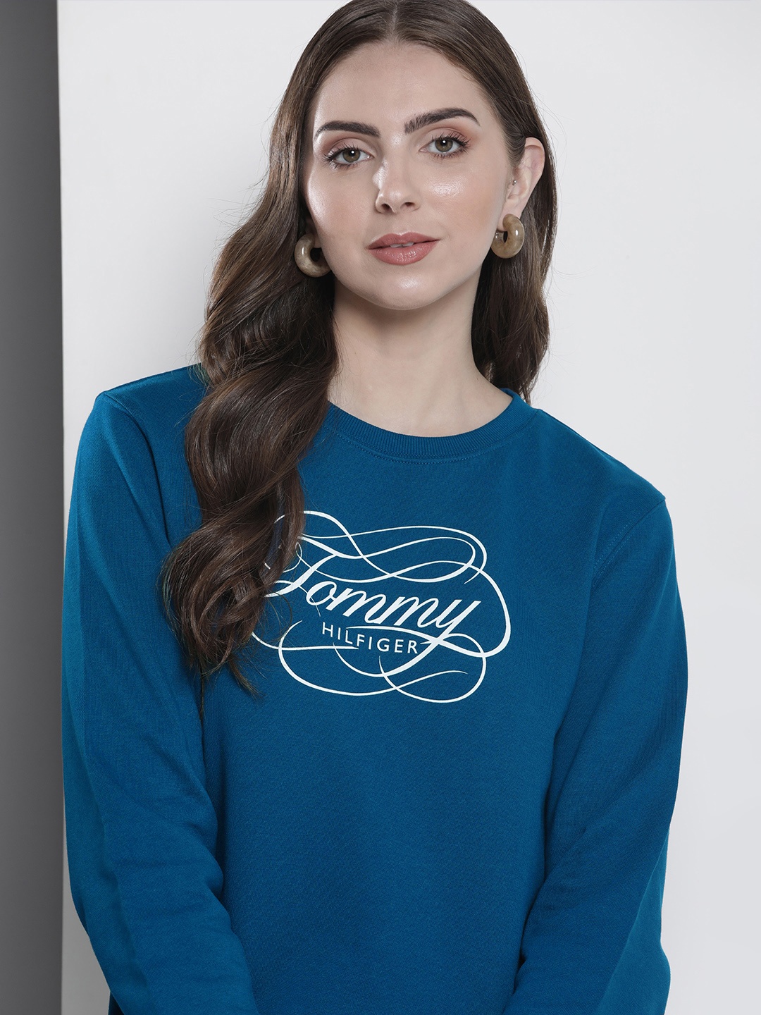 

Tommy Hilfiger Brand Logo Printed Pure Cotton Sweatshirt, Teal