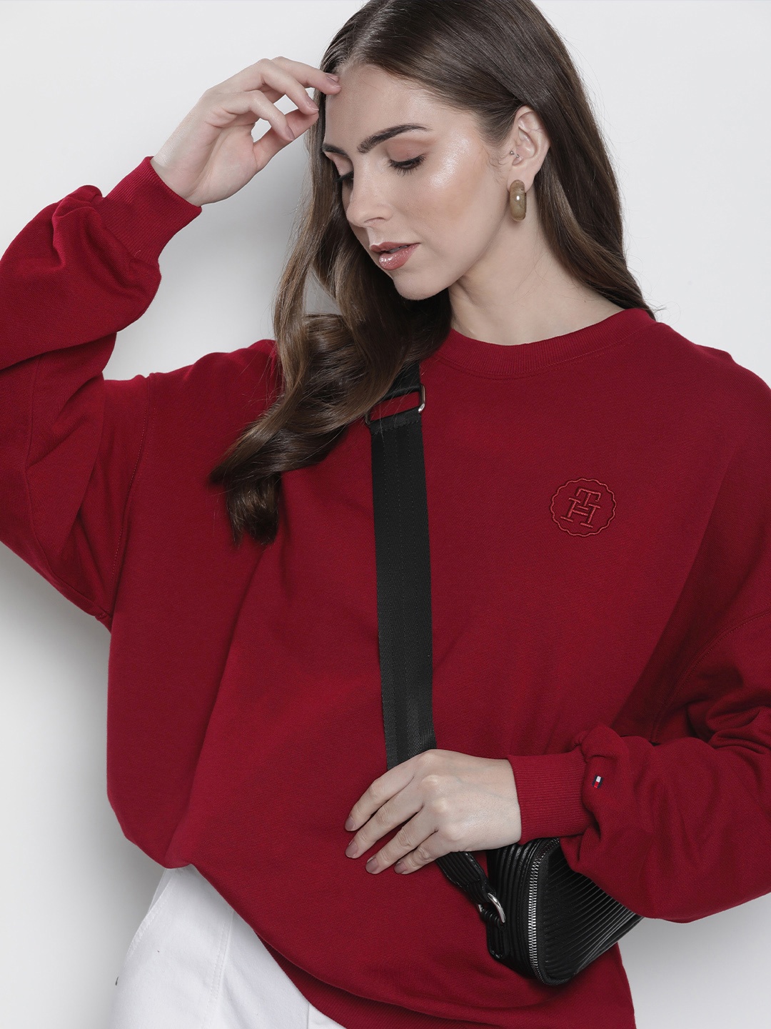 

Tommy Hilfiger Brand Logo Embroidered Pure Cotton Sweatshirt, Maroon