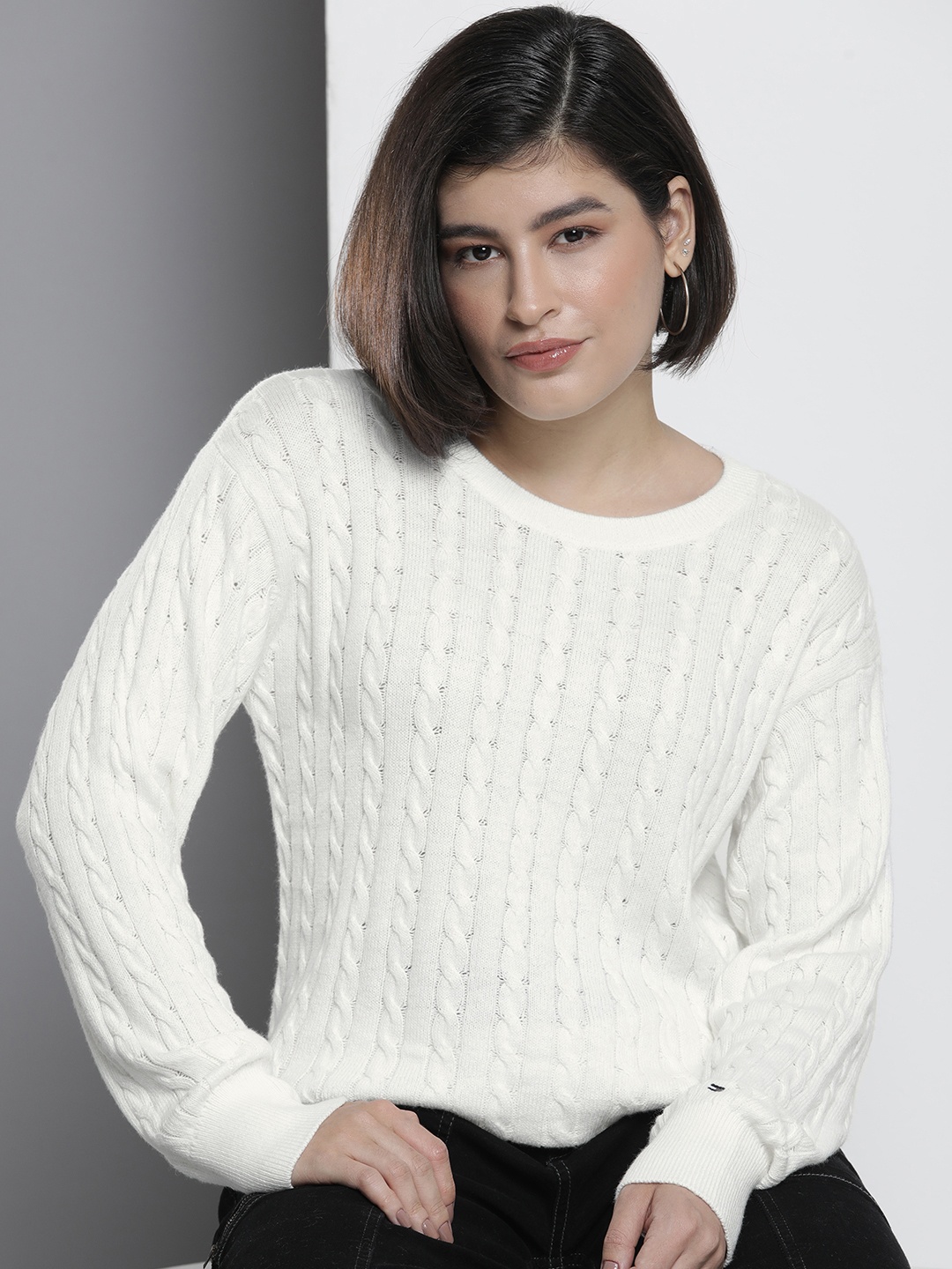

Tommy Hilfiger Self Design Cable Knit Pullover Sweaters, White
