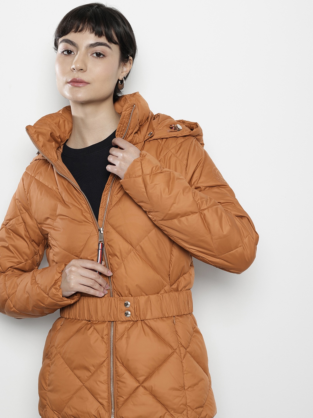 

Tommy Hilfiger Belted Quilted Jacket Comes With Detachable Hood, Brown