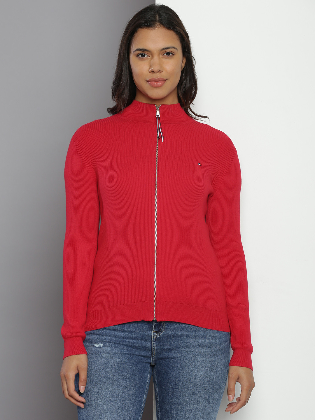 

Tommy Hilfiger Solid Mock Collar Ribbed Long Sleeves Cardigan, Red