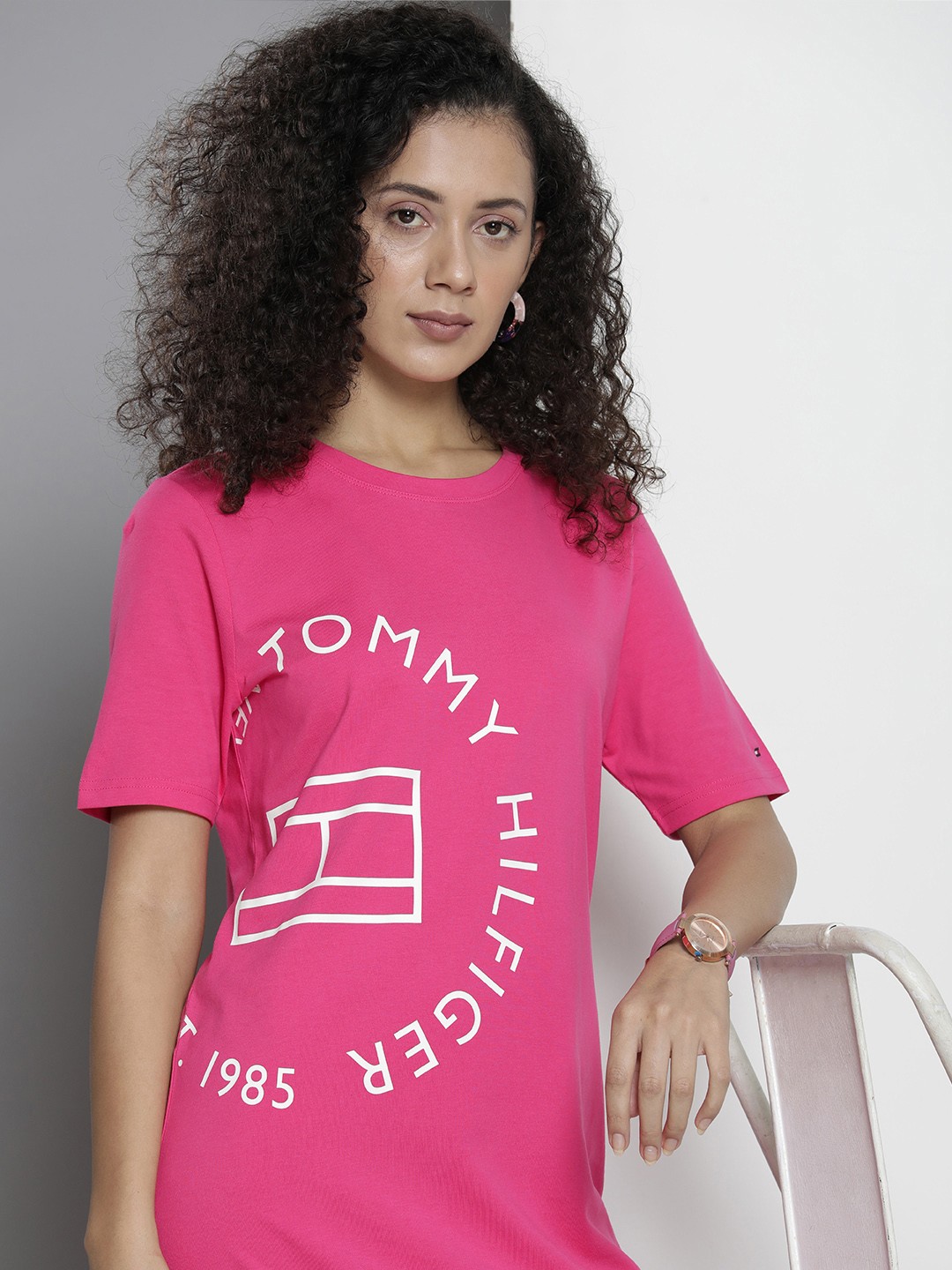 

Tommy Hilfiger Brand Logo Print Pure Cotton T-shirt Dress, Pink