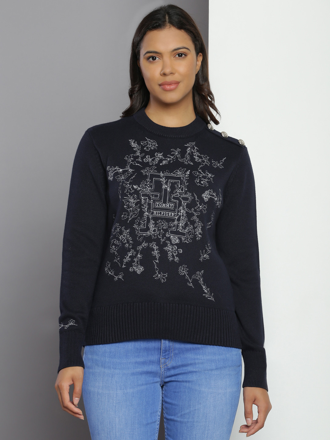 

Tommy Hilfiger Pure Cotton Floral Embroidered Pullover Sweatshirts, Navy blue
