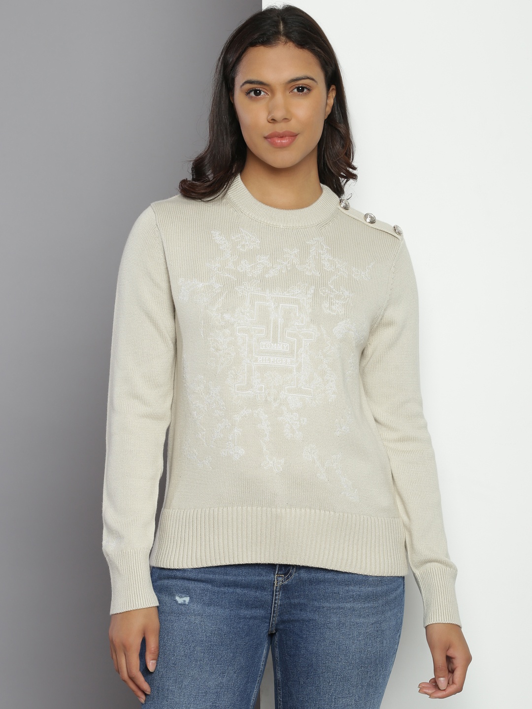 

Tommy Hilfiger Pure Cotton Brand Logo Embroidered Long Sleeves Pullover Sweater, Beige