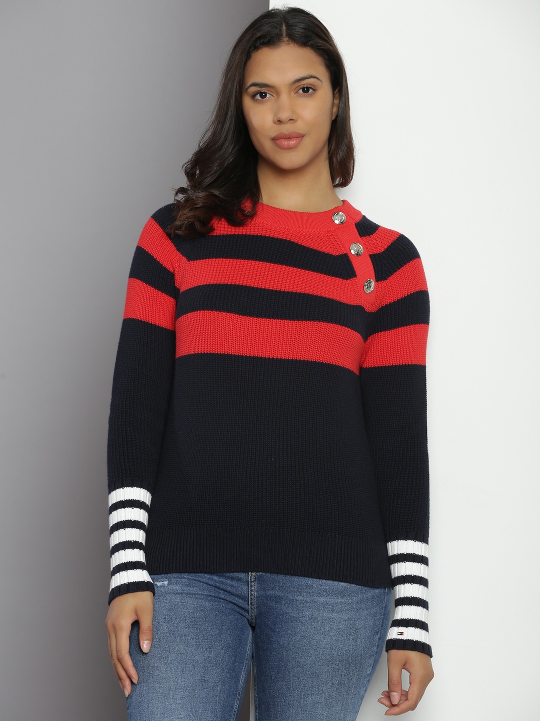 

Tommy Hilfiger Pure Cotton Colourblocked Pullover Sweaters, Navy blue