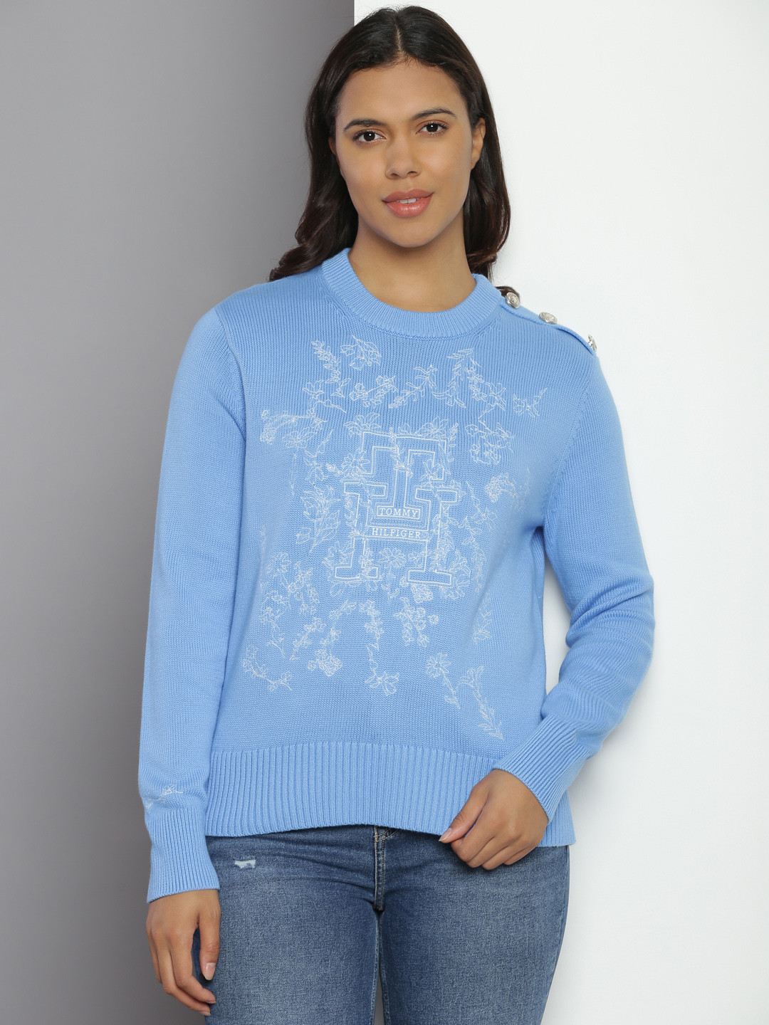 

Tommy Hilfiger Floral Embroidered Pure Cotton Pullover Sweater, Blue