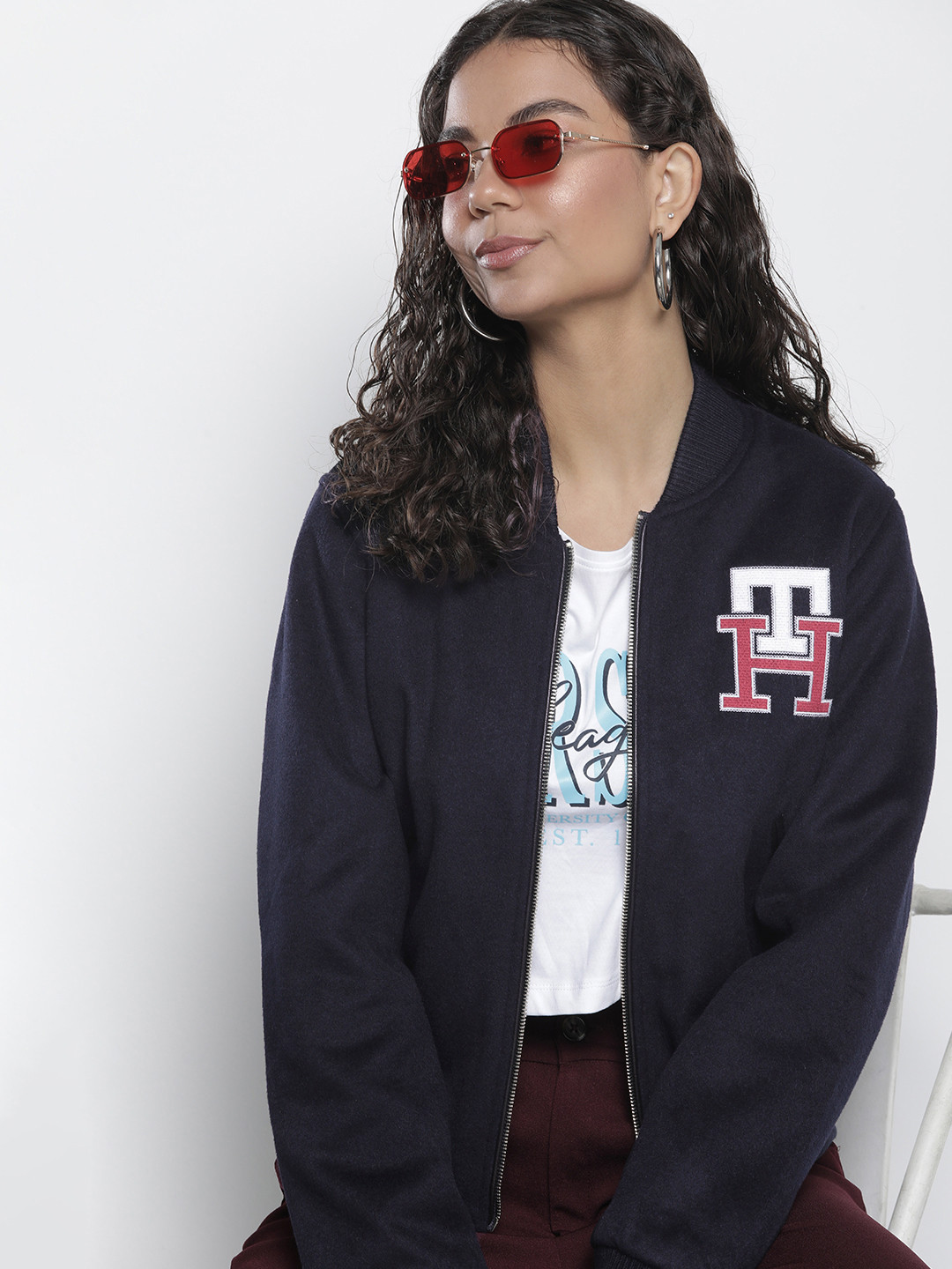 

Tommy Hilfiger Brand Logo Embroidered Bomber Varsity Jacket, Navy blue