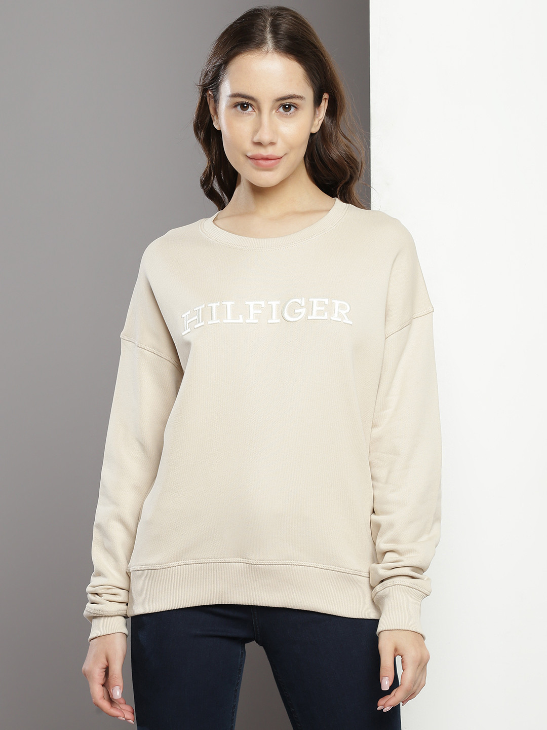 

Tommy Hilfiger Embroidered Round Neck Pure Cotton Sweatshirt, Beige