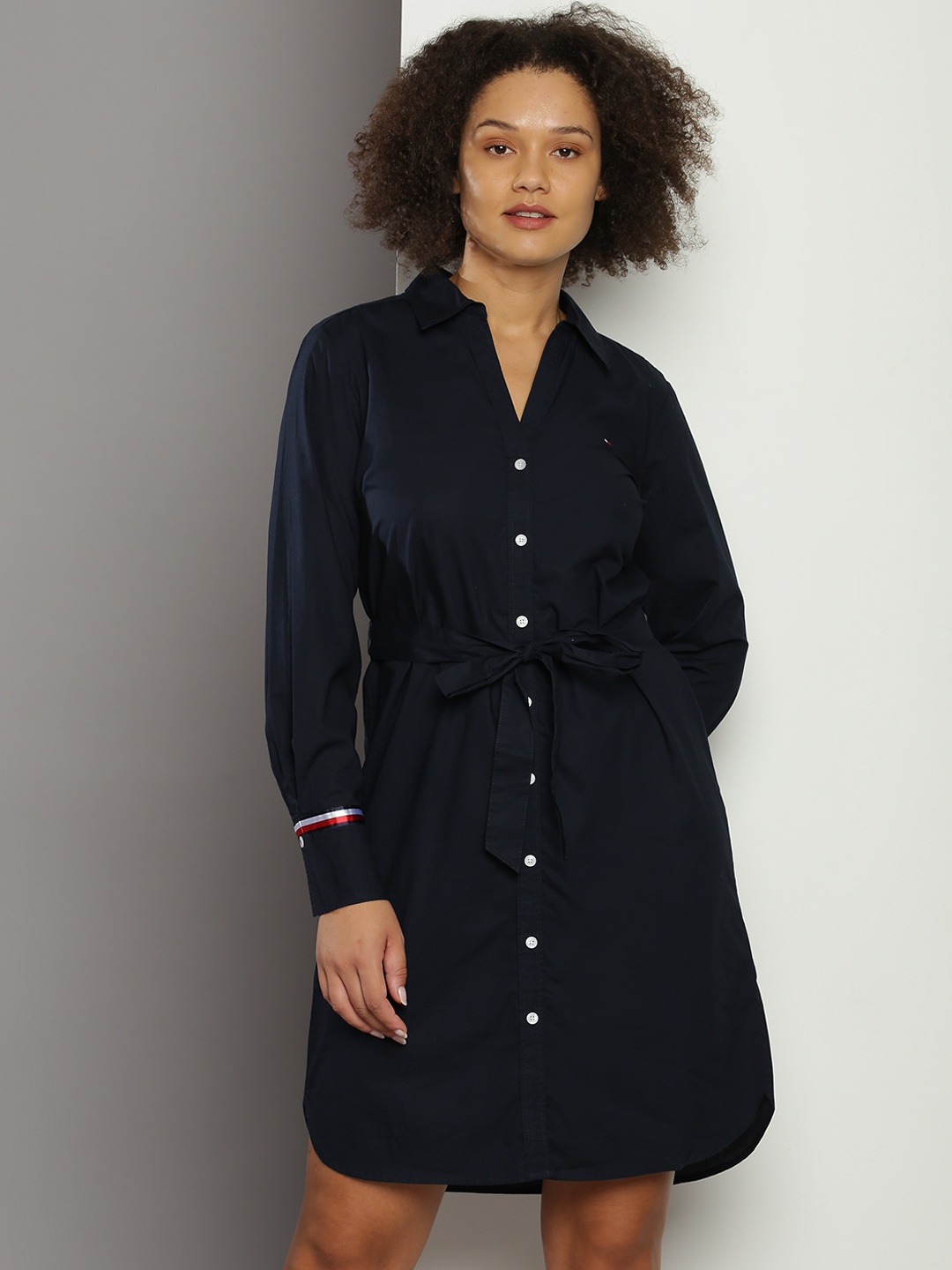 

Tommy Hilfiger Pure Cotton Tie-Up Detail Shirt Mini Dress, Navy blue