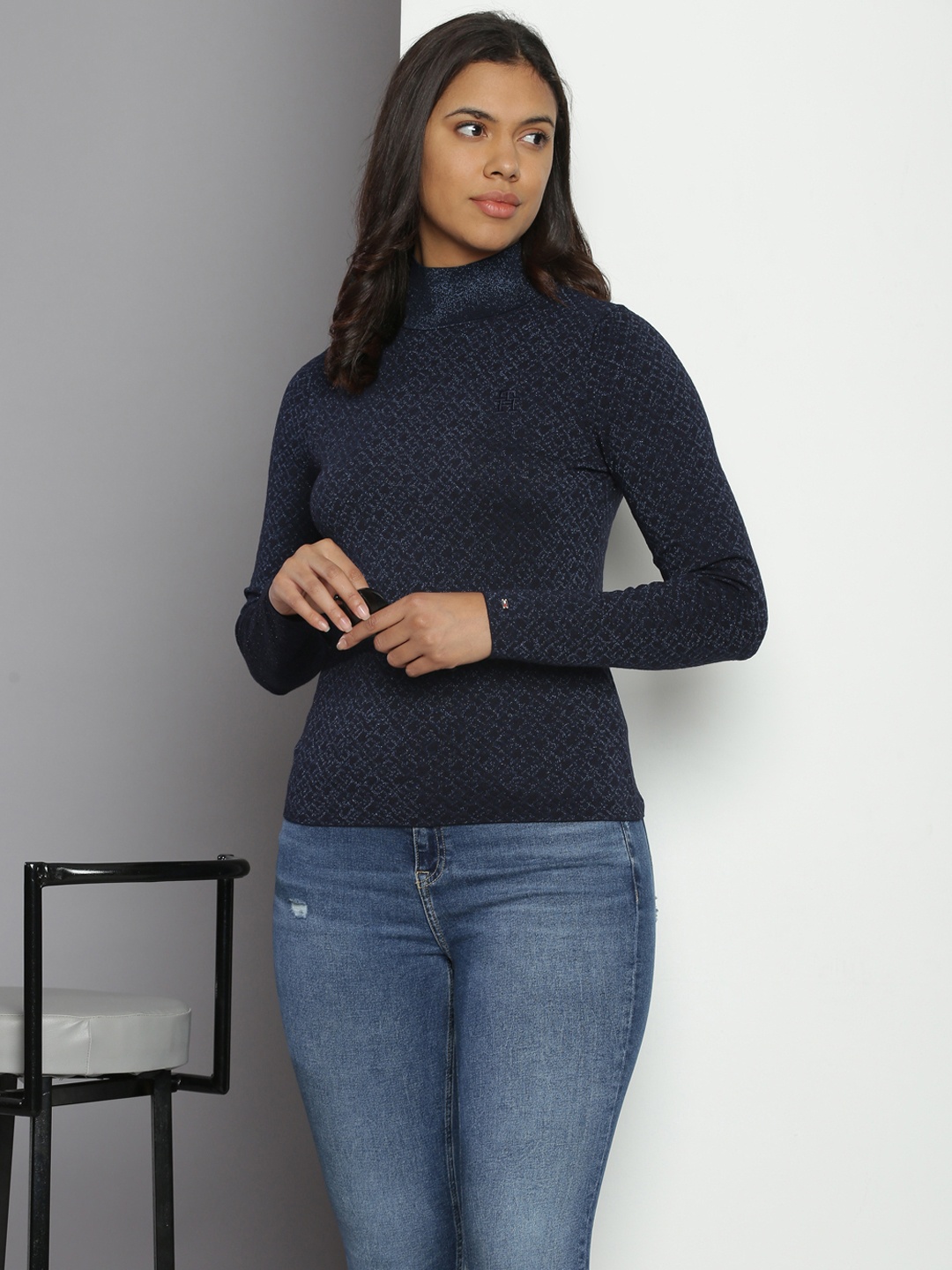 

Tommy Hilfiger High-Neck Self-Design Embellished Sweatshirt, Navy blue