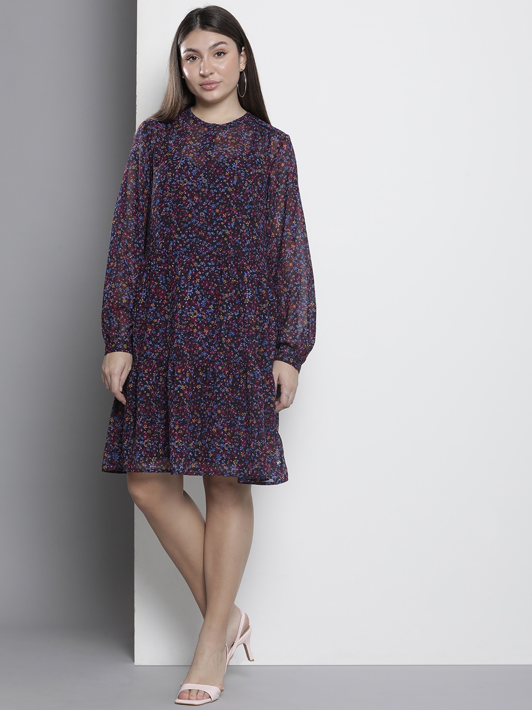 

Tommy Hilfiger Floral Printed Tiered A-Line Dress, Navy blue