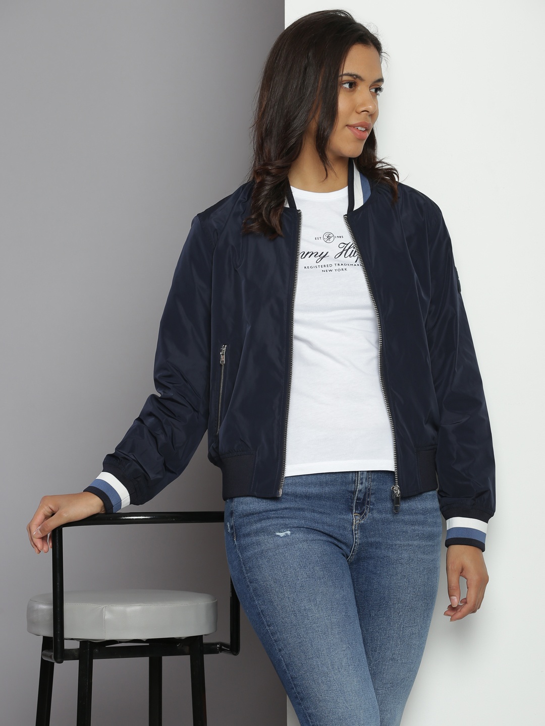 

Tommy Hilfiger Solid Stand-Collar Bomber Jacket, Navy blue