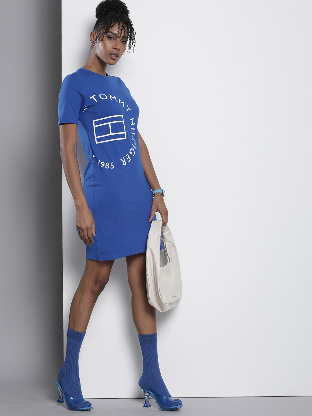 

Tommy Hilfiger Round Neck Brand Logo Printed Pure Cotton T-shirt Dress, Blue