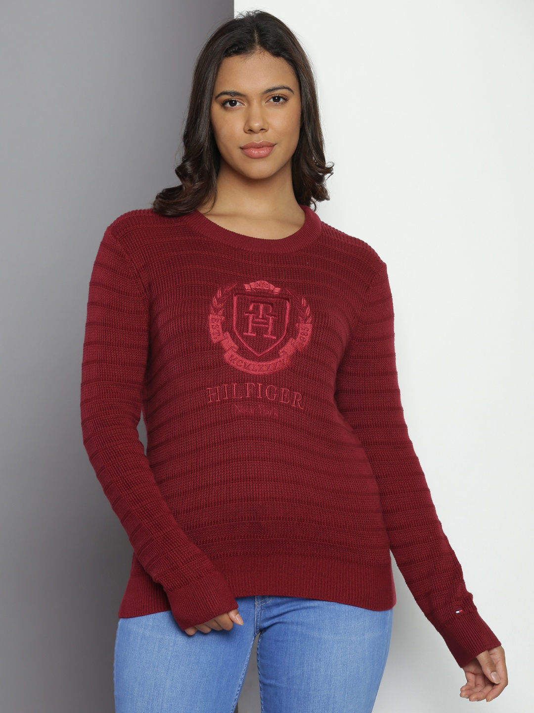 

Tommy Hilfiger Pure Cotton Brand Logo Embroidered Pullover Sweaters, Maroon
