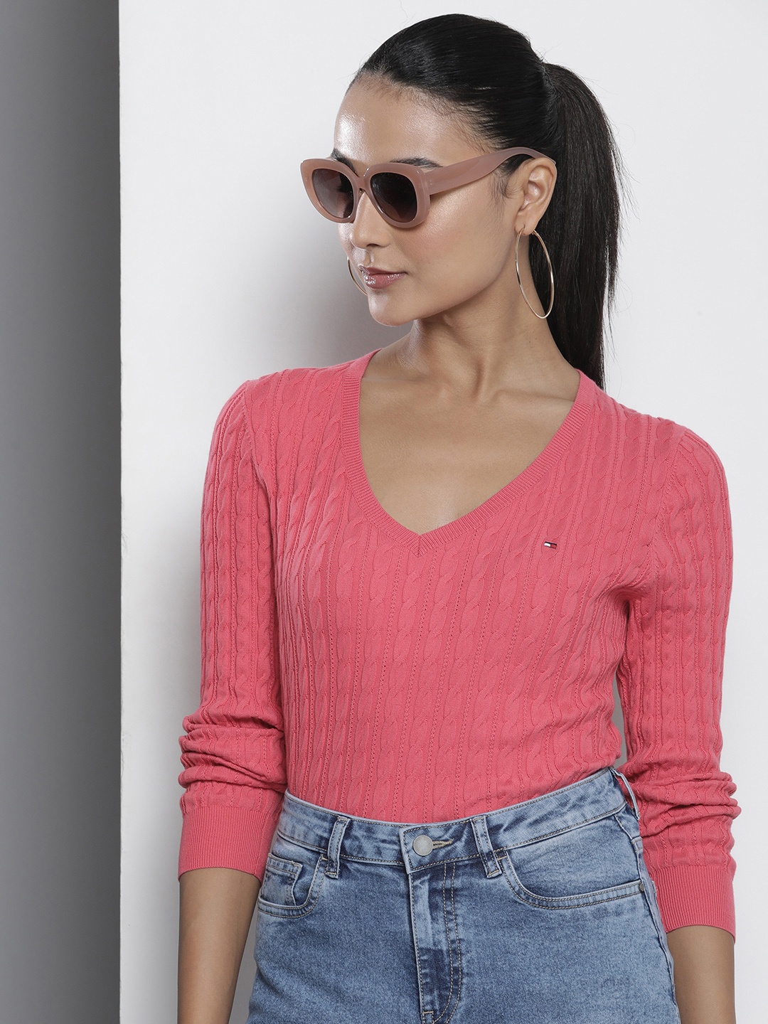 

Tommy Hilfiger V-Neck Cable Knit Pullover Sweater, Pink