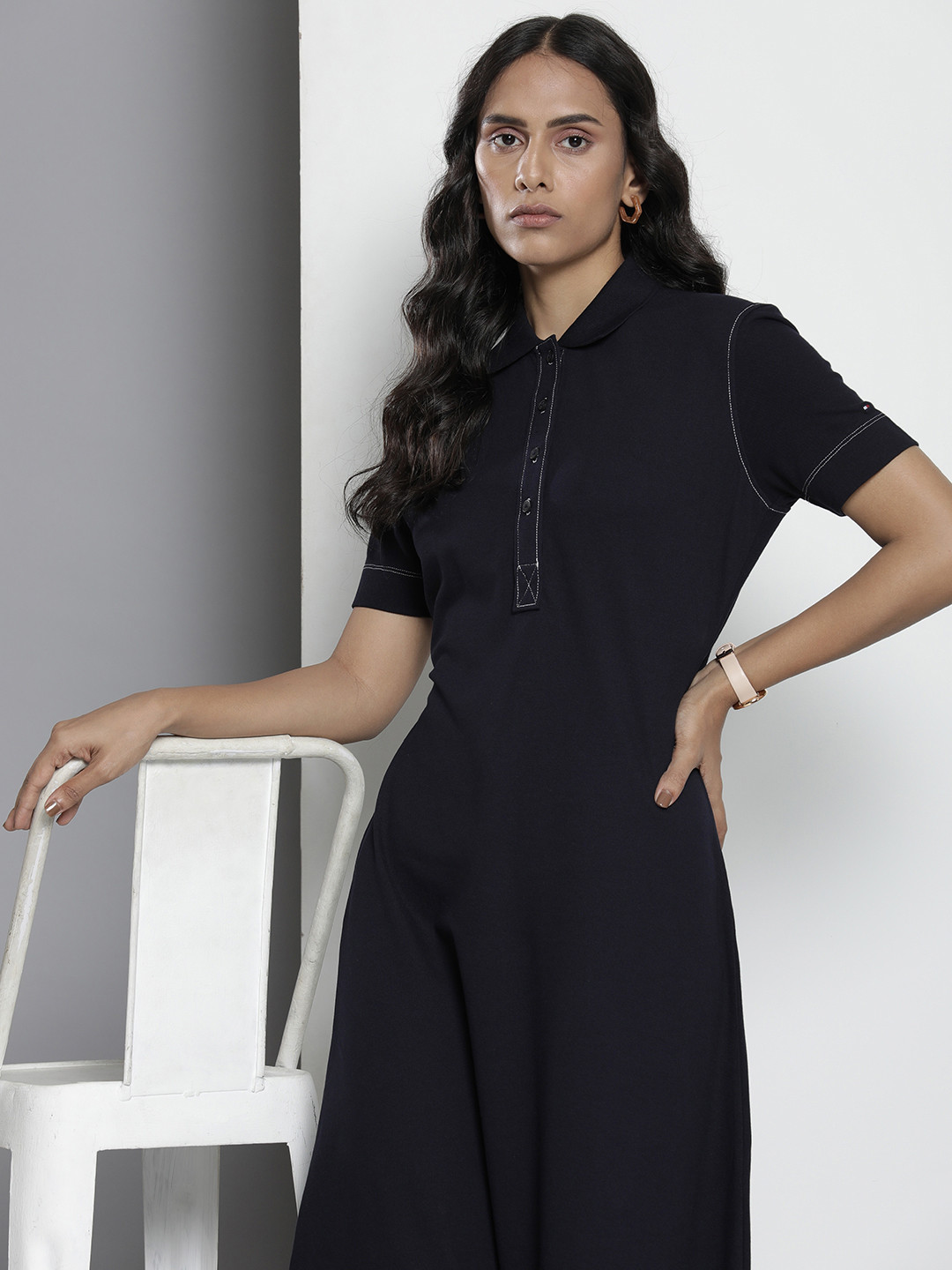 

Tommy Hilfiger Solid Shirt Collar Midi T-shirt Dress, Navy blue