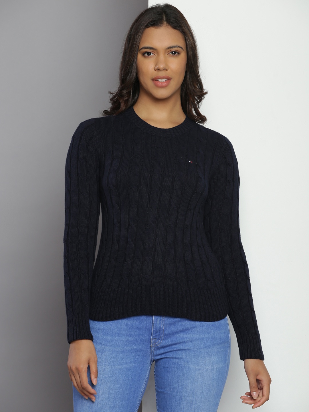 

Tommy Hilfiger Round Neck Pure Cotton Cable Knit Pullover, Navy blue
