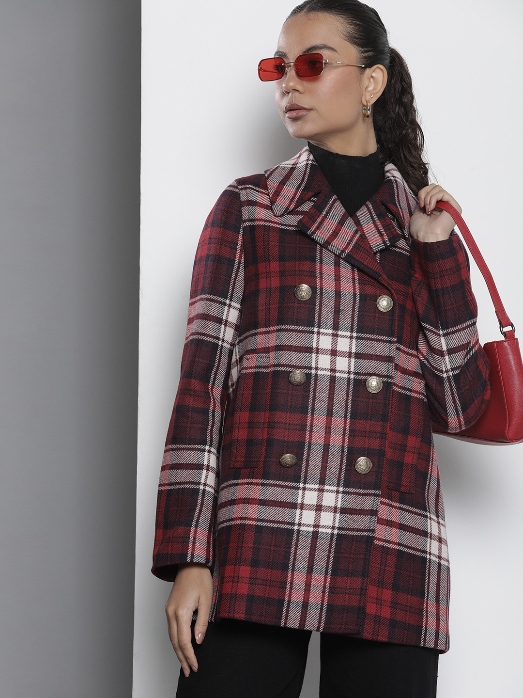 

Tommy Hilfiger Checked Spread-Collar Double-Breasted Pea Coat, Maroon