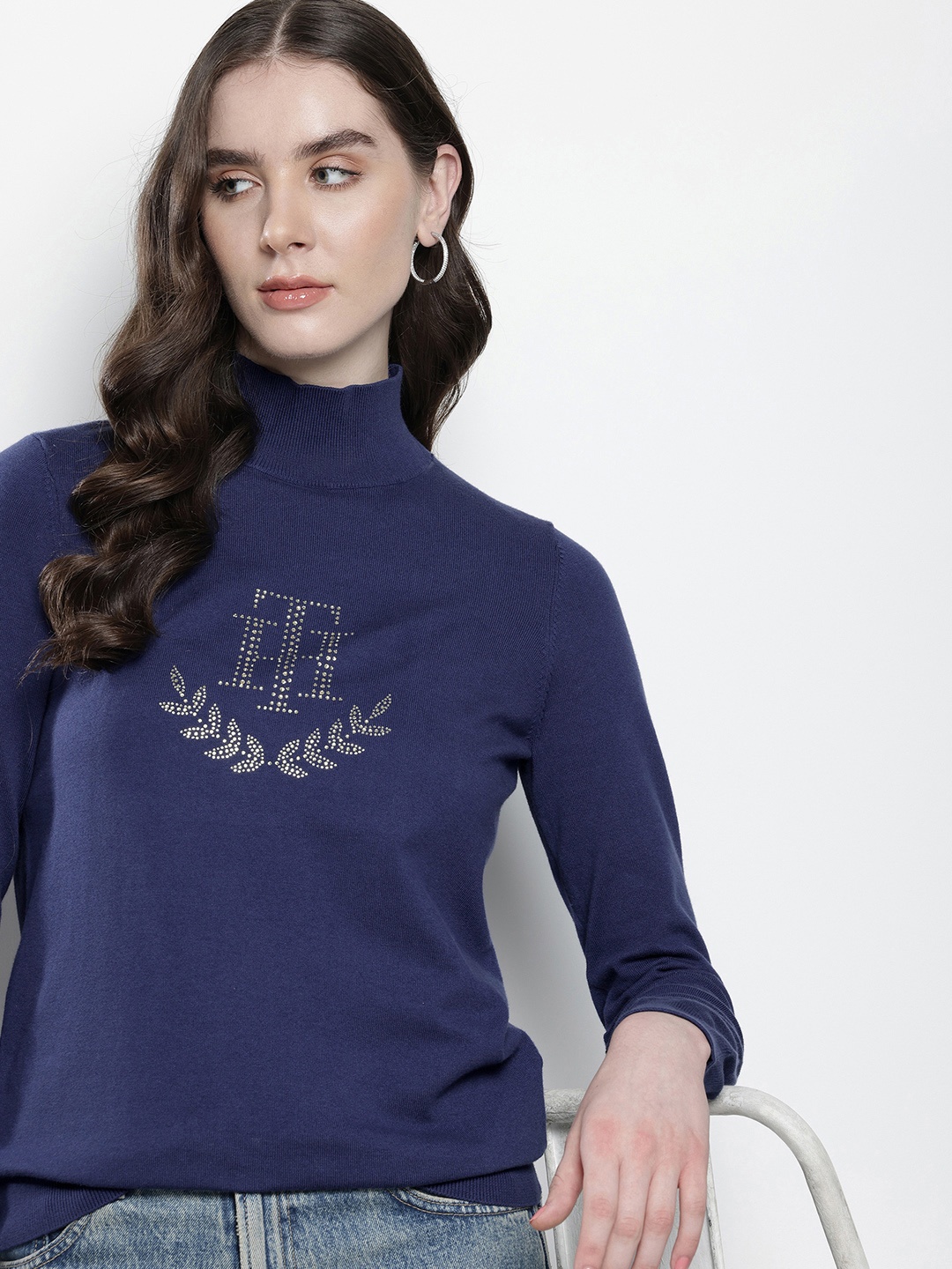

Tommy Hilfiger Embellished High Neck Sweatshirt, Navy blue