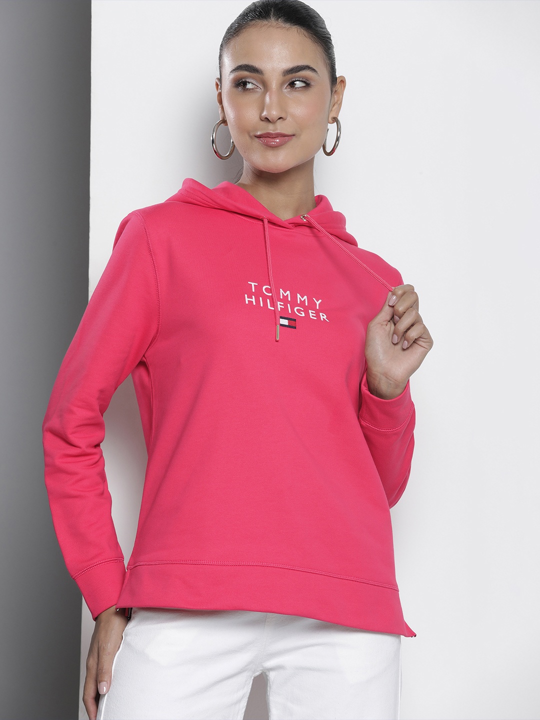 

Tommy Hilfiger Brand Logo Embroidered Pure Cotton Hooded Sweatshirt, Pink