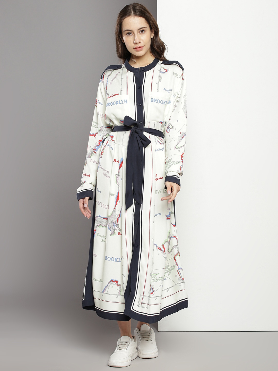 

Tommy Hilfiger Printed Tie-Up Detail Shirt Style Midi Dress, White