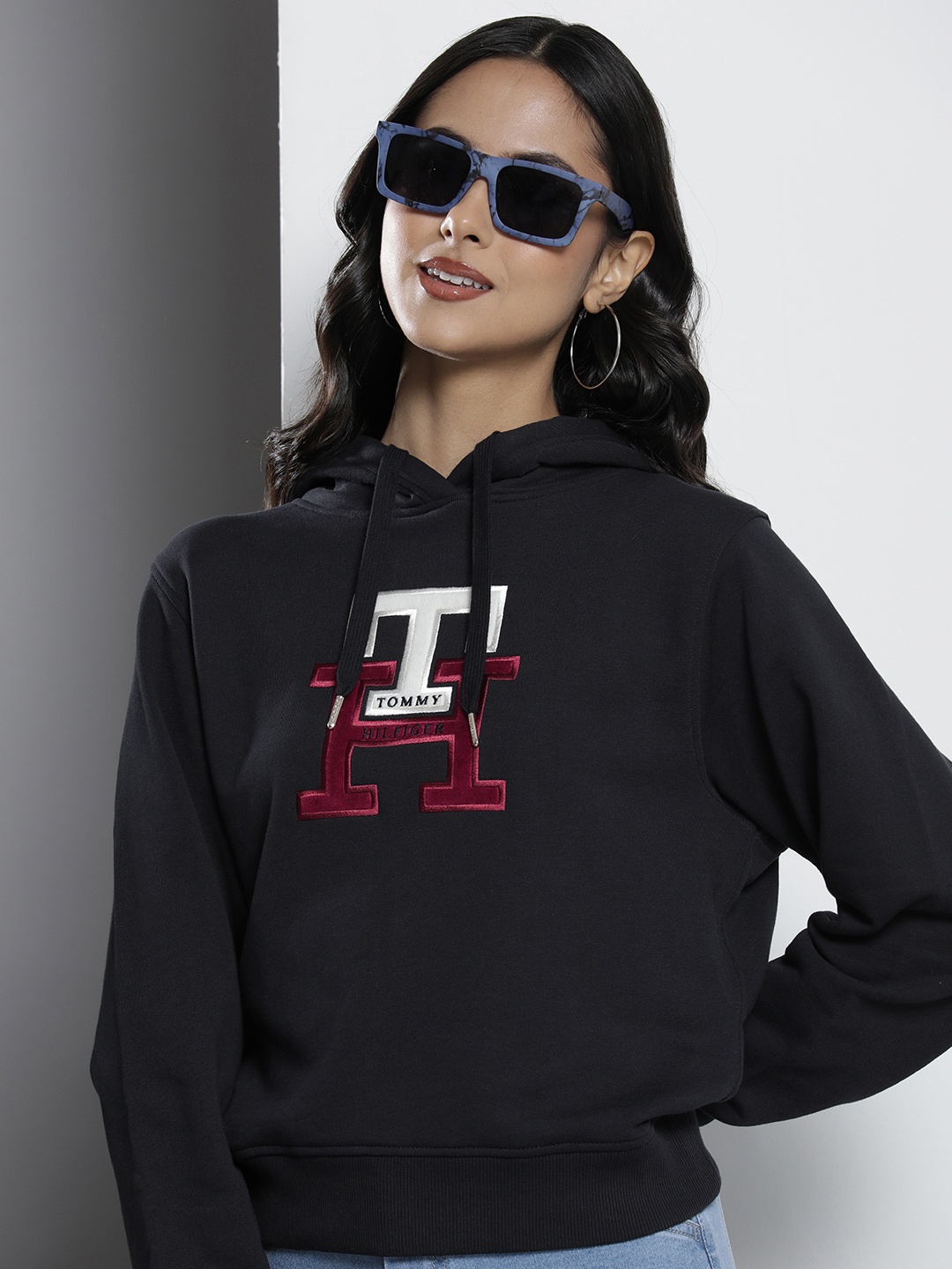 Tommy Hilfiger Brand Logo Embroidered Pure Cotton Hooded Sweatshirt, Navy blue