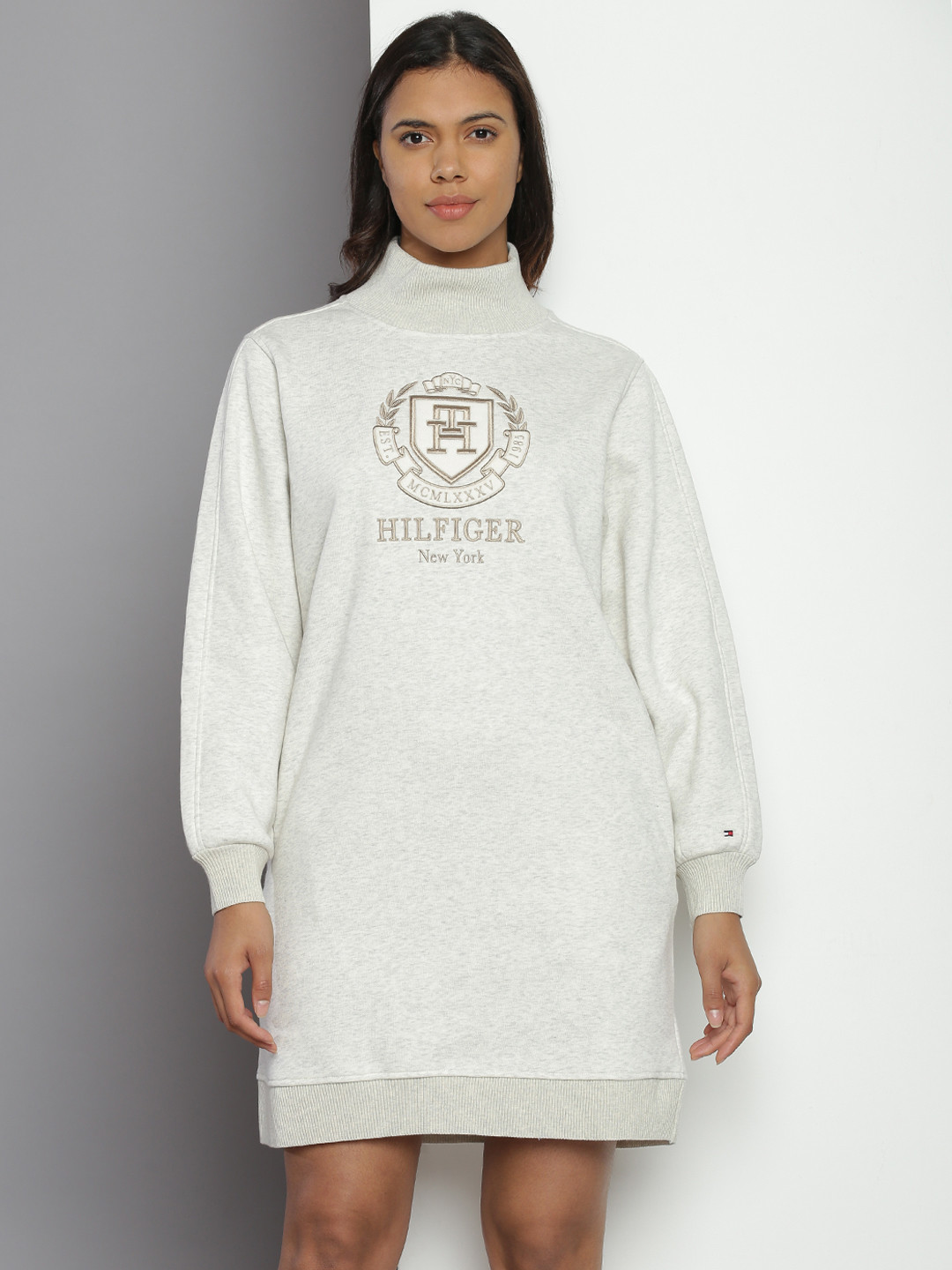 

Tommy Hilfiger Embroidered High Neck Mini Jumper Dress, Off white