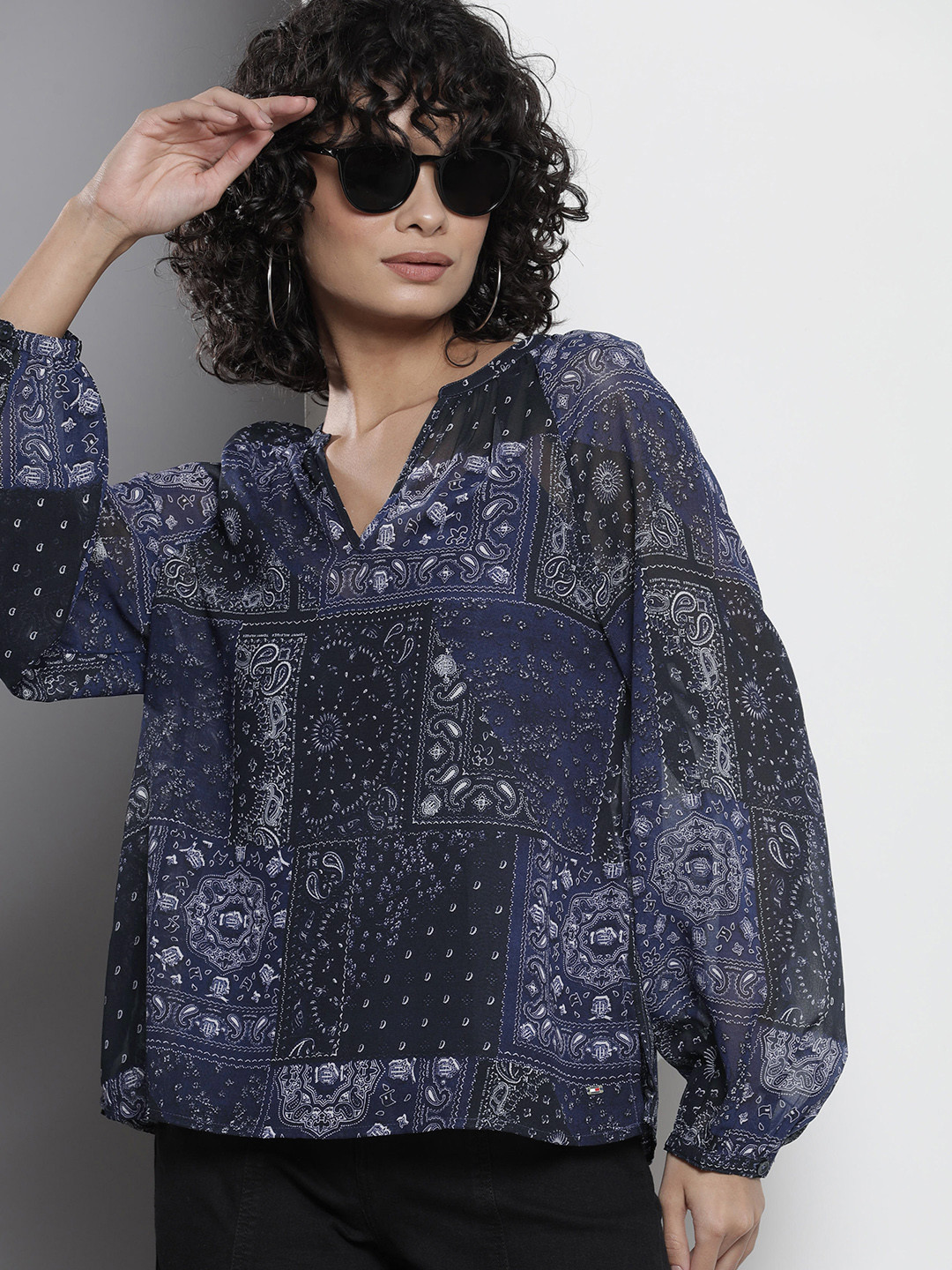 

Tommy Hilfiger Ethnic Printed Puff Sleeves Top With Inner Slip, Navy blue