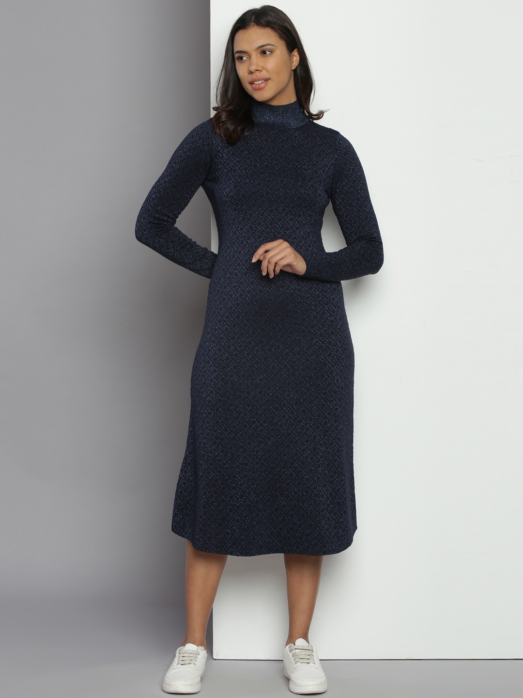 

Tommy Hilfiger Self Design Mock Neck A-Line Midi Dress, Navy blue