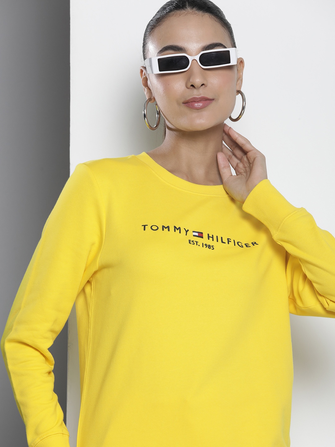 

Tommy Hilfiger Brand Logo Embroidered Pure Cotton Sweatshirt, Yellow