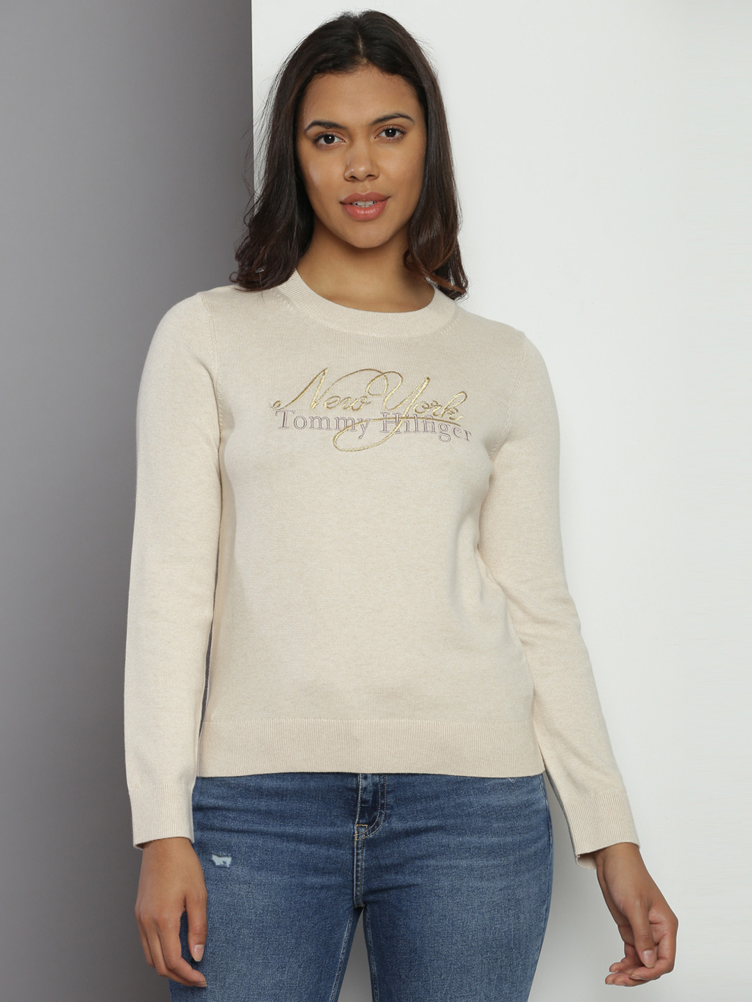 

Tommy Hilfiger Sustainable Pure Cotton Brand Logo Embroidered Sweater, Beige