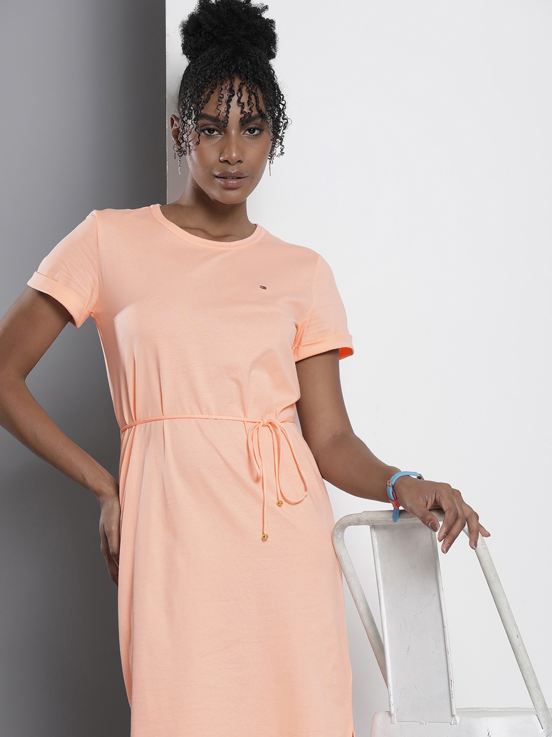 

Tommy Hilfiger Round Neck Pure Cotton Belted T-shirt Dress, Peach