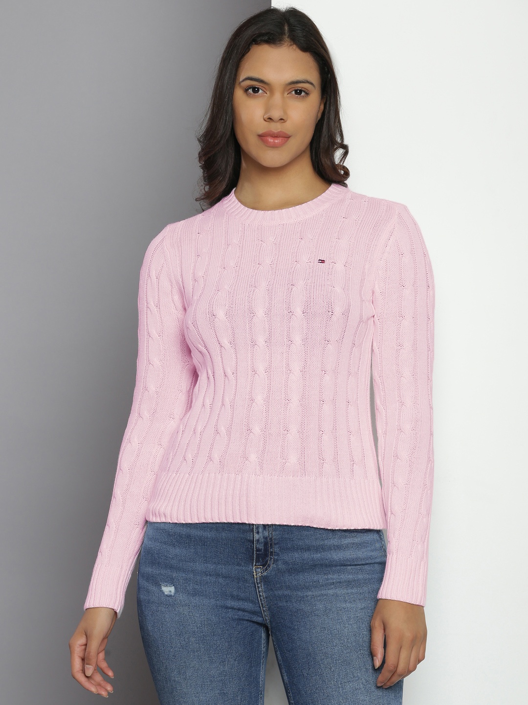 

Tommy Hilfiger Round Neck Pure Cotton Cable Knit Pullover, Pink