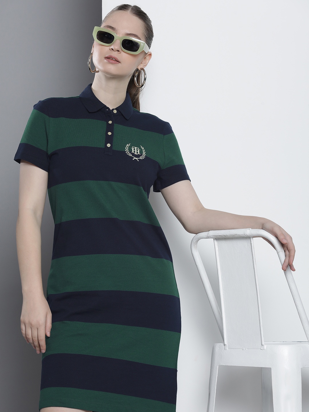 

Tommy Hilfiger Striped Brand Logo Applique Polo Collar T-shirt Dress, Green