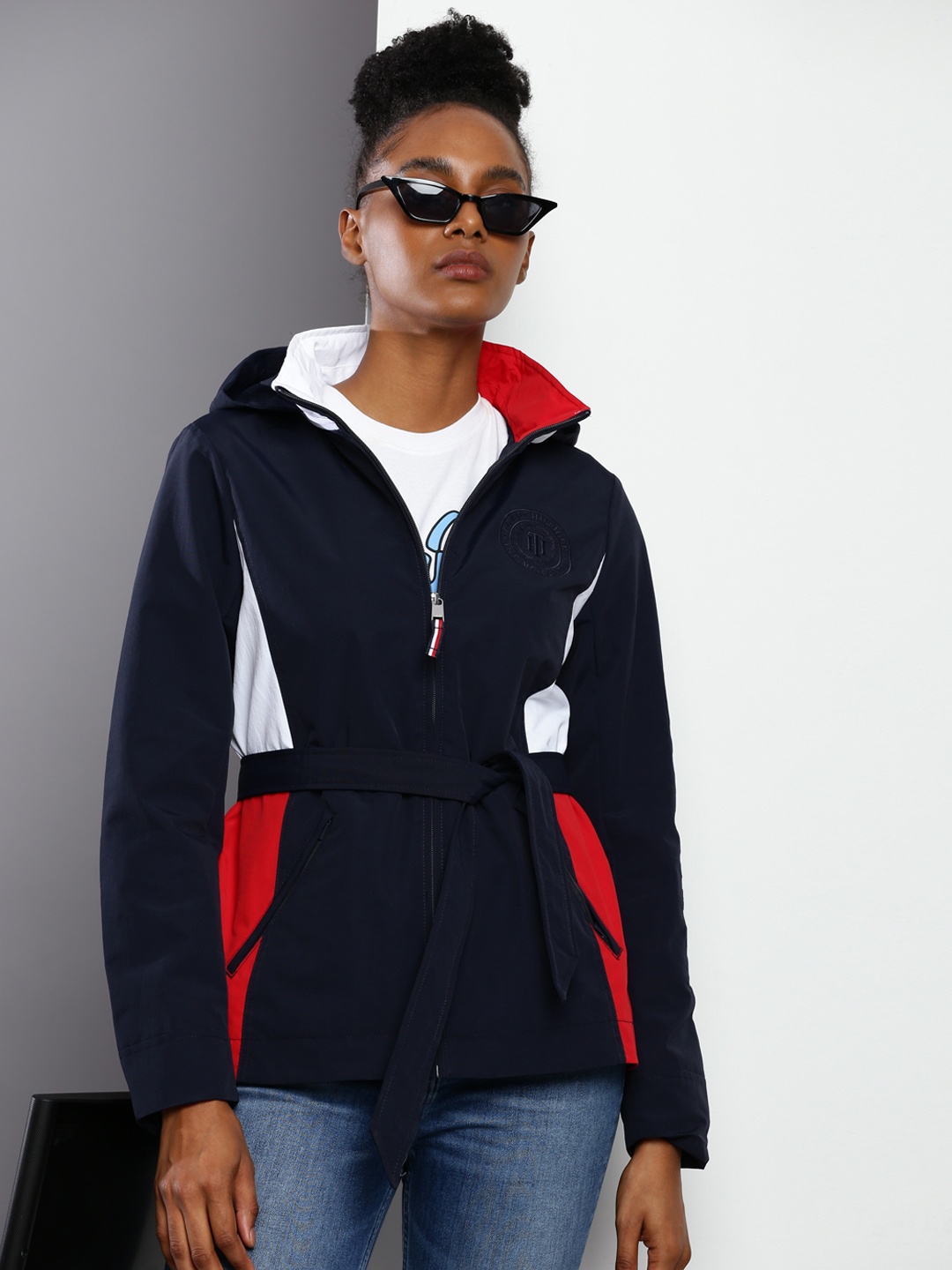 

Tommy Hilfiger Mock Collar Colourblocked Belted Longline Tailored Jacket, Navy blue