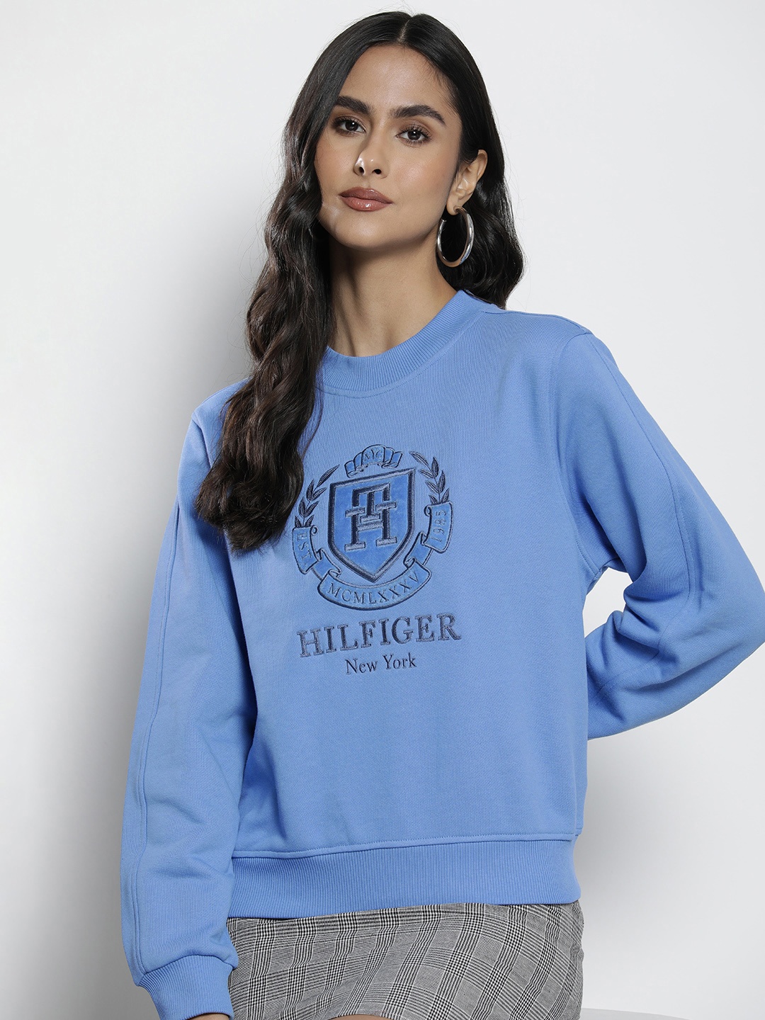 

Tommy Hilfiger Brand Logo Embroidered Pure Cotton Sweatshirt, Blue