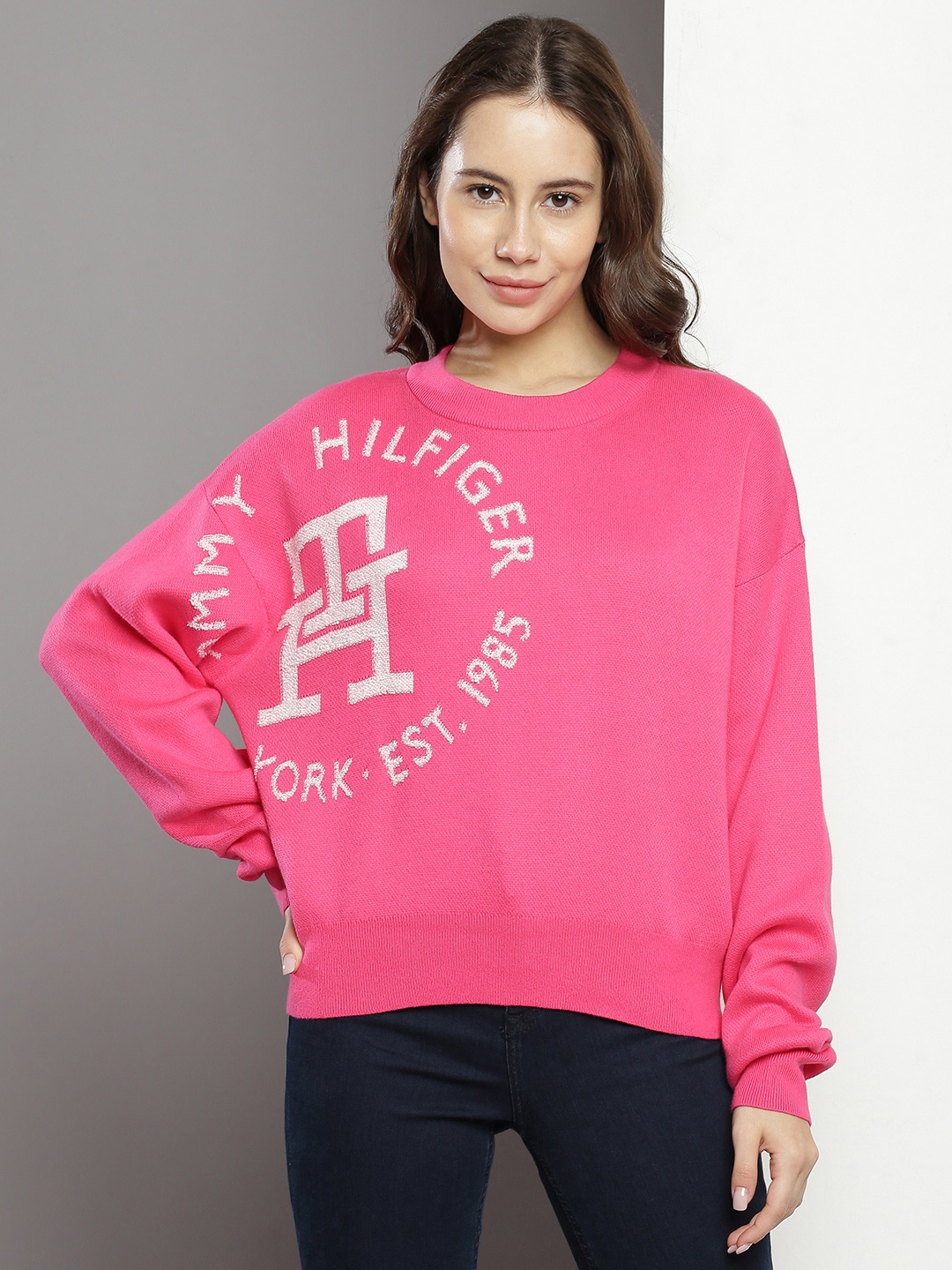 

Tommy Hilfiger Brand Logo Embroidered Pure Cotton Pullover Sweater, Pink
