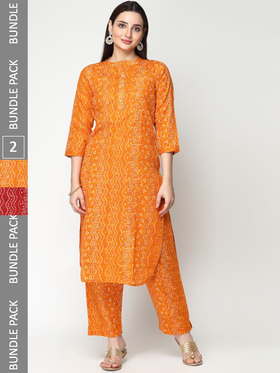 

KALINI Pack Of 2 Bandhani Printed Regular Pure Cotton Kurta With Trousers, Orange
