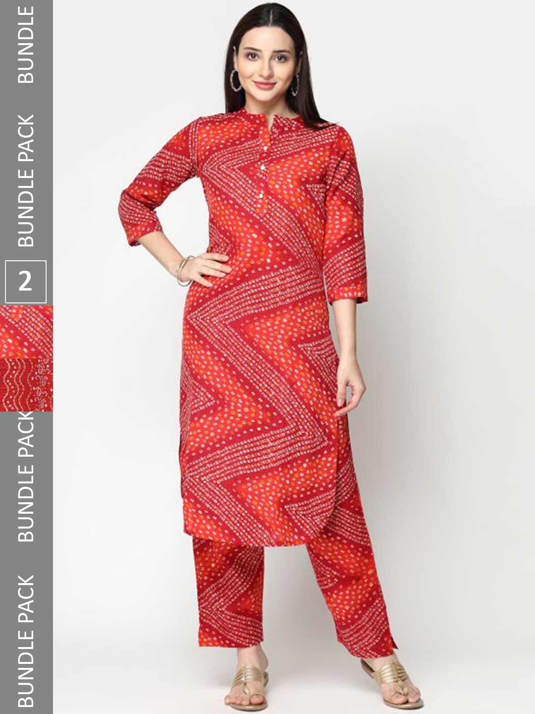 

KALINI Selection Of 2 Bandhani Printed Pure Cotton Kurta With Trousers, Red