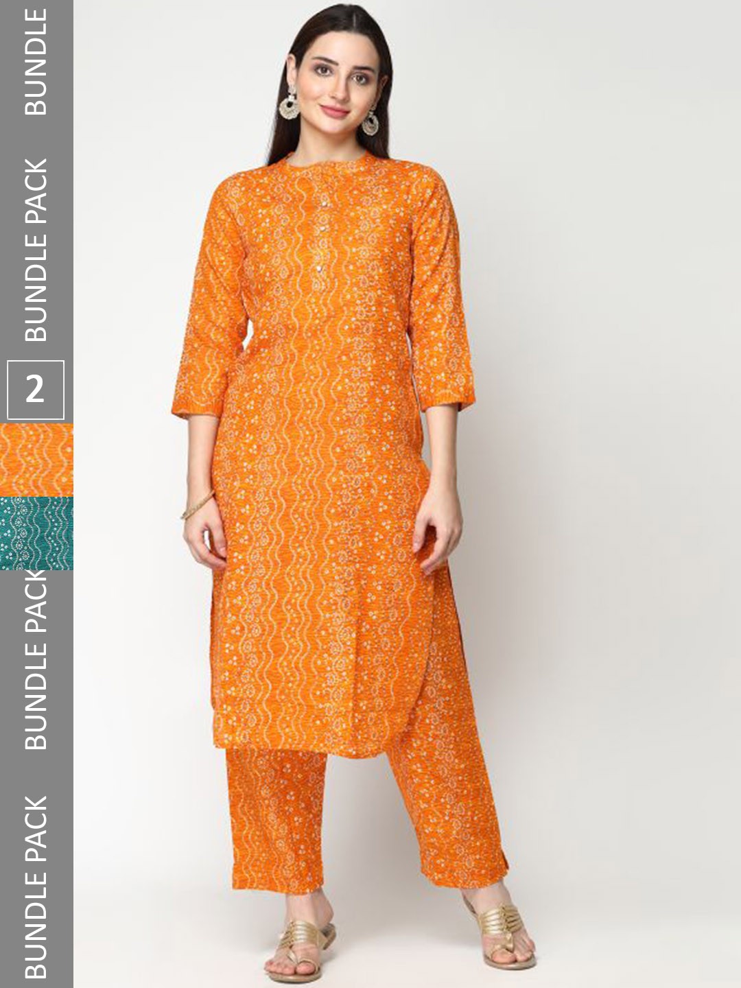 

KALINI Selection Of 2 Bandhani Printed Pure Cotton Kurta With Trousers, Green