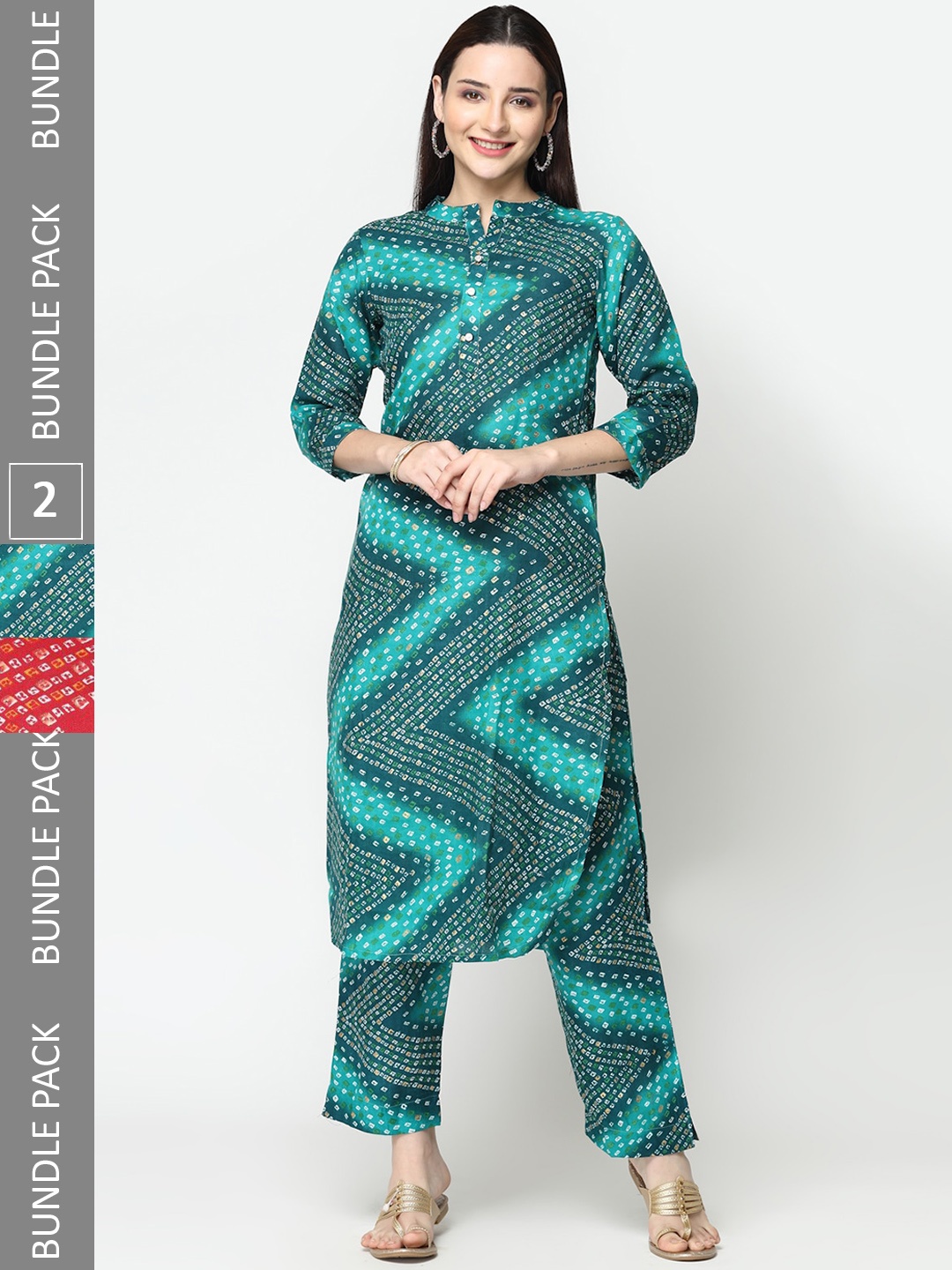 

KALINI Pack Of 2 Bandhani Printed Pure Cotton Kurti With Trousers, Green