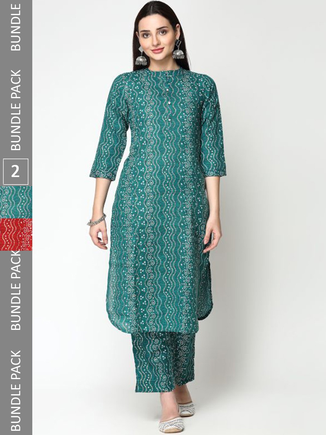 

KALINI Pack Of 2 Bandhani Printed Pure Cotton Kurti With Trousers, Maroon