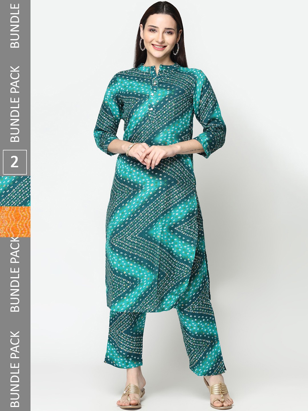 

KALINI Pack Of 2 Bandhani Printed Pure Cotton Kurti With Trousers, Green
