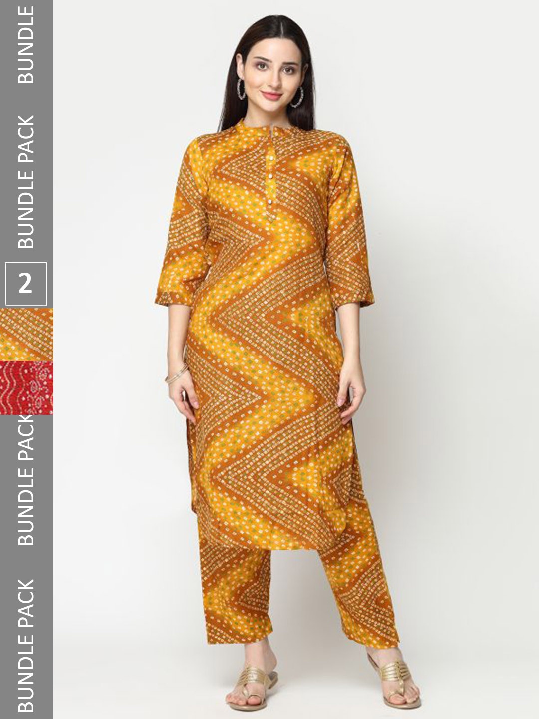 

KALINI Pack Of 2 Bandhani Printed Regular Pure Cotton Kurta with Trousers, Yellow