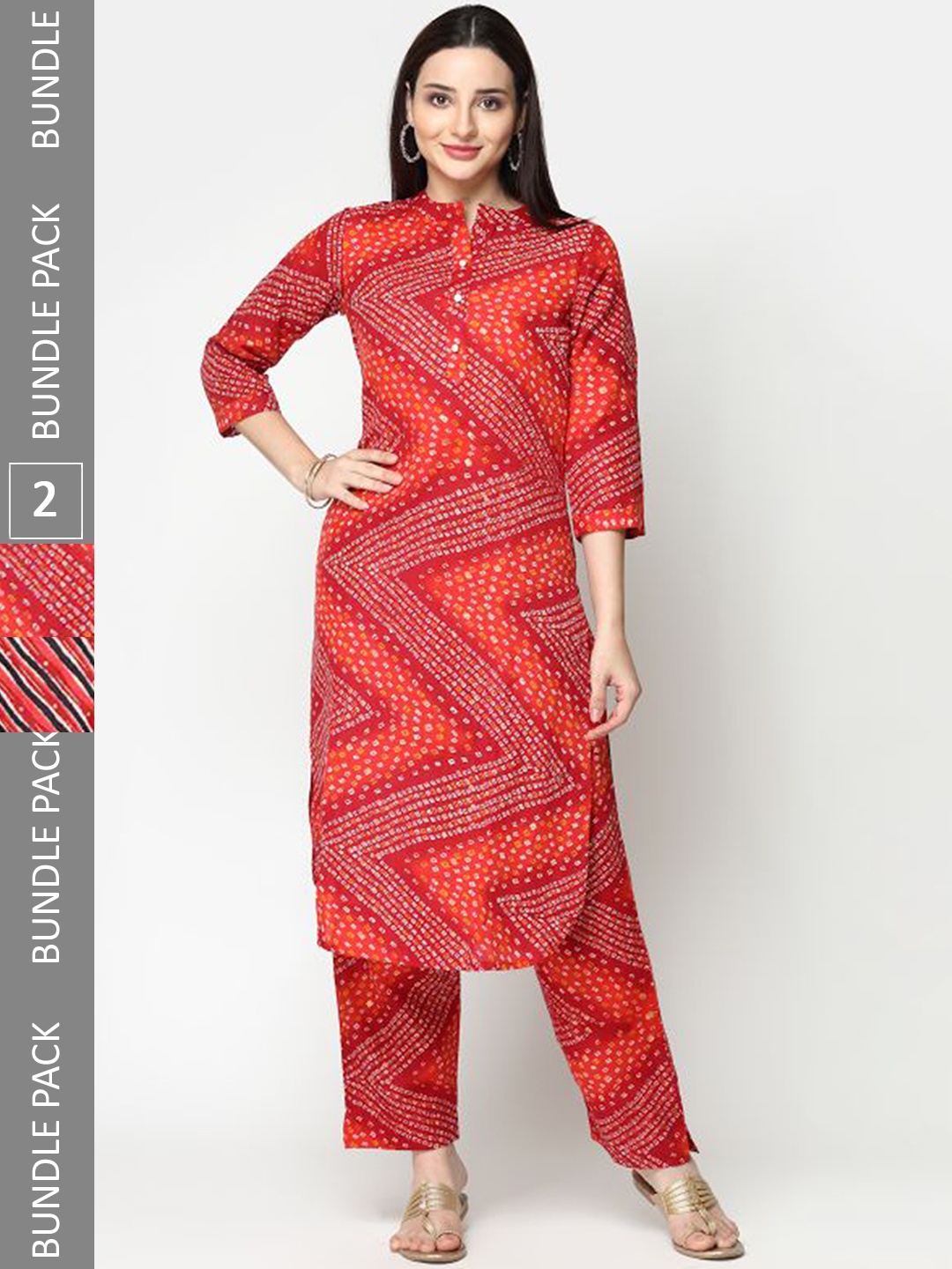 

KALINI Pack Of 2 Bandhani Printed Regular Pure Cotton Kurta with Trousers, Red