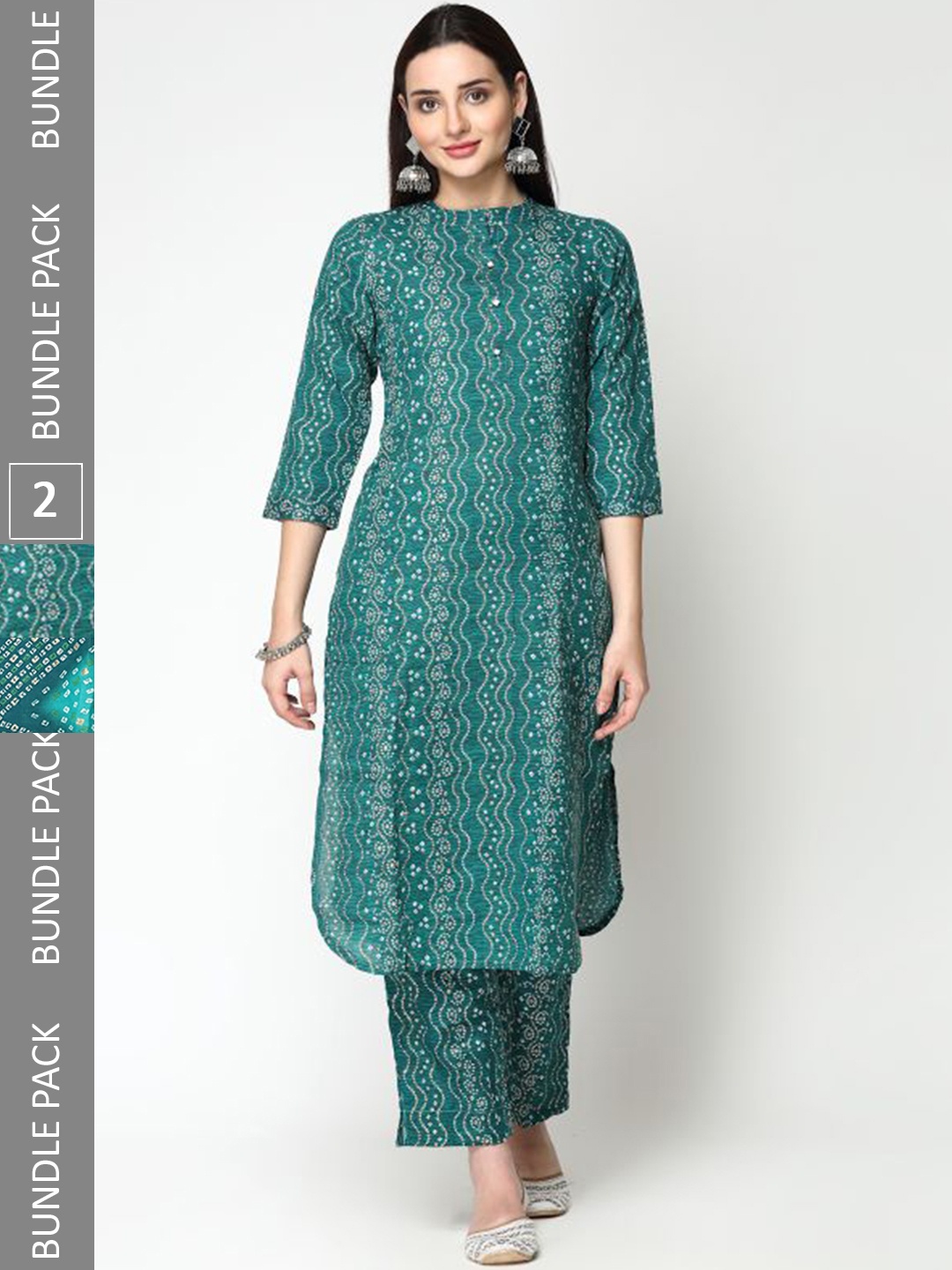 

KALINI Pack Of 2 Bandhani Printed Regular Pure Cotton Kurta with Trousers, Green