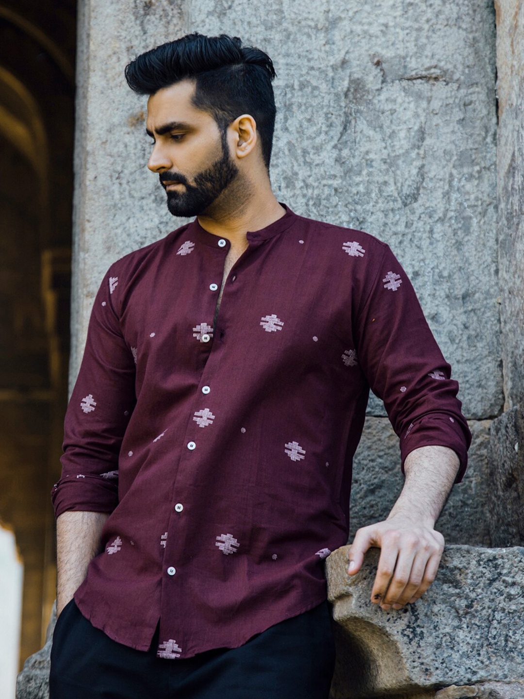 

INPE Comfort Slim Fit Ethnic Motifs Printed Pure Cotton Casual Shirt, Purple